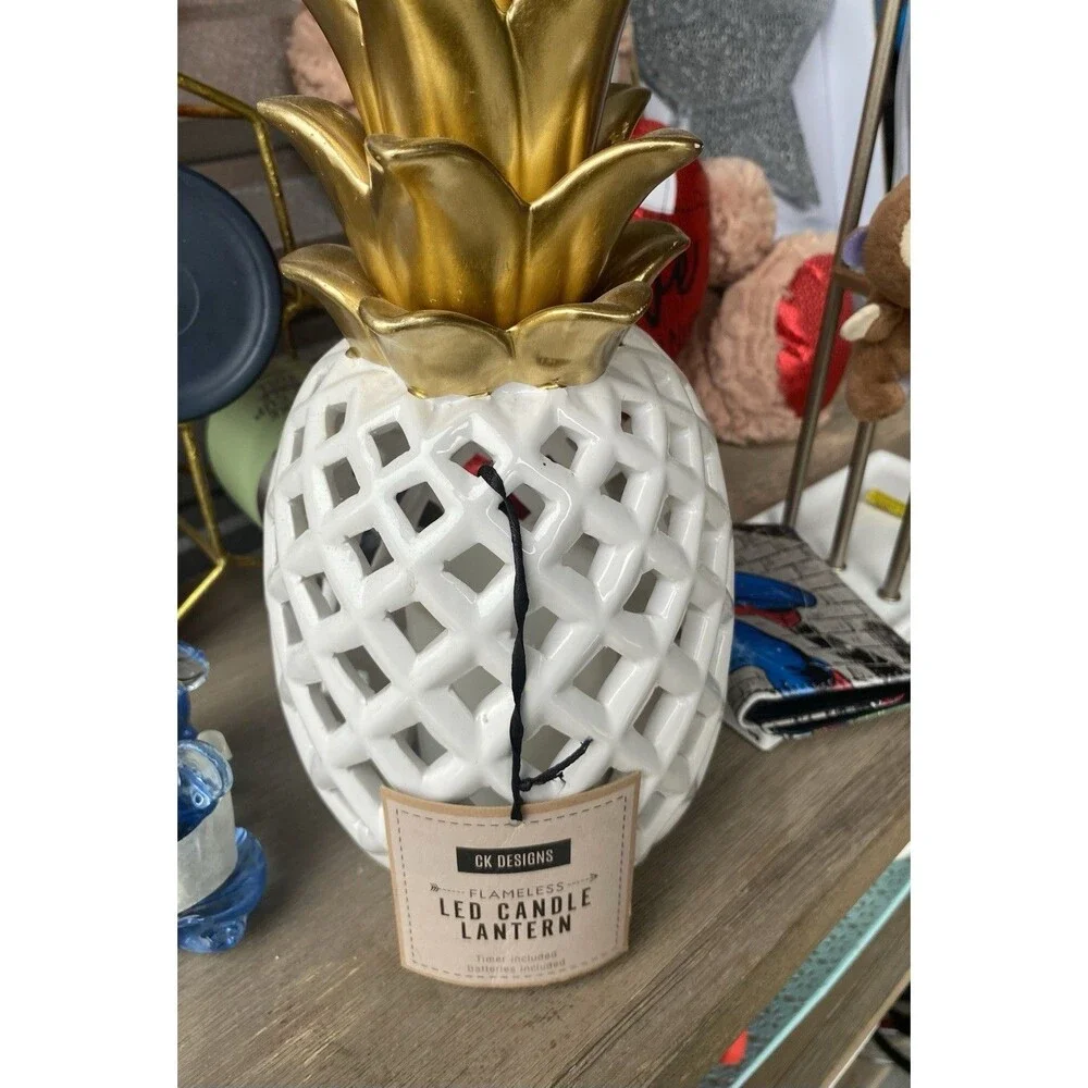 CK Designs Ceramic Pineapple LED Lantern White Gold Battery Operated 12”